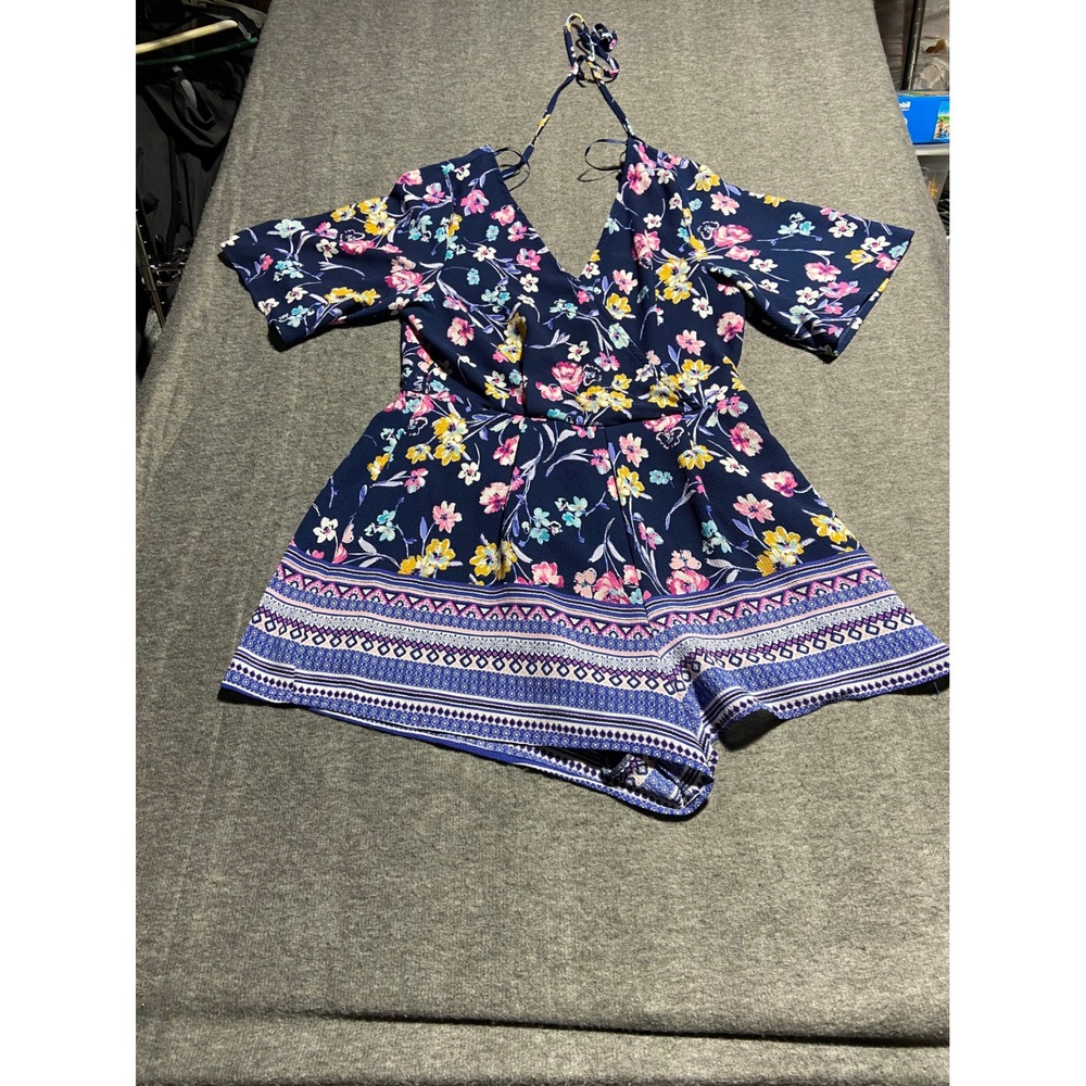 Blue Rain Romper Navy Blue Floral Halter V Neck Flutter Sleeve Medium 26P33594JD